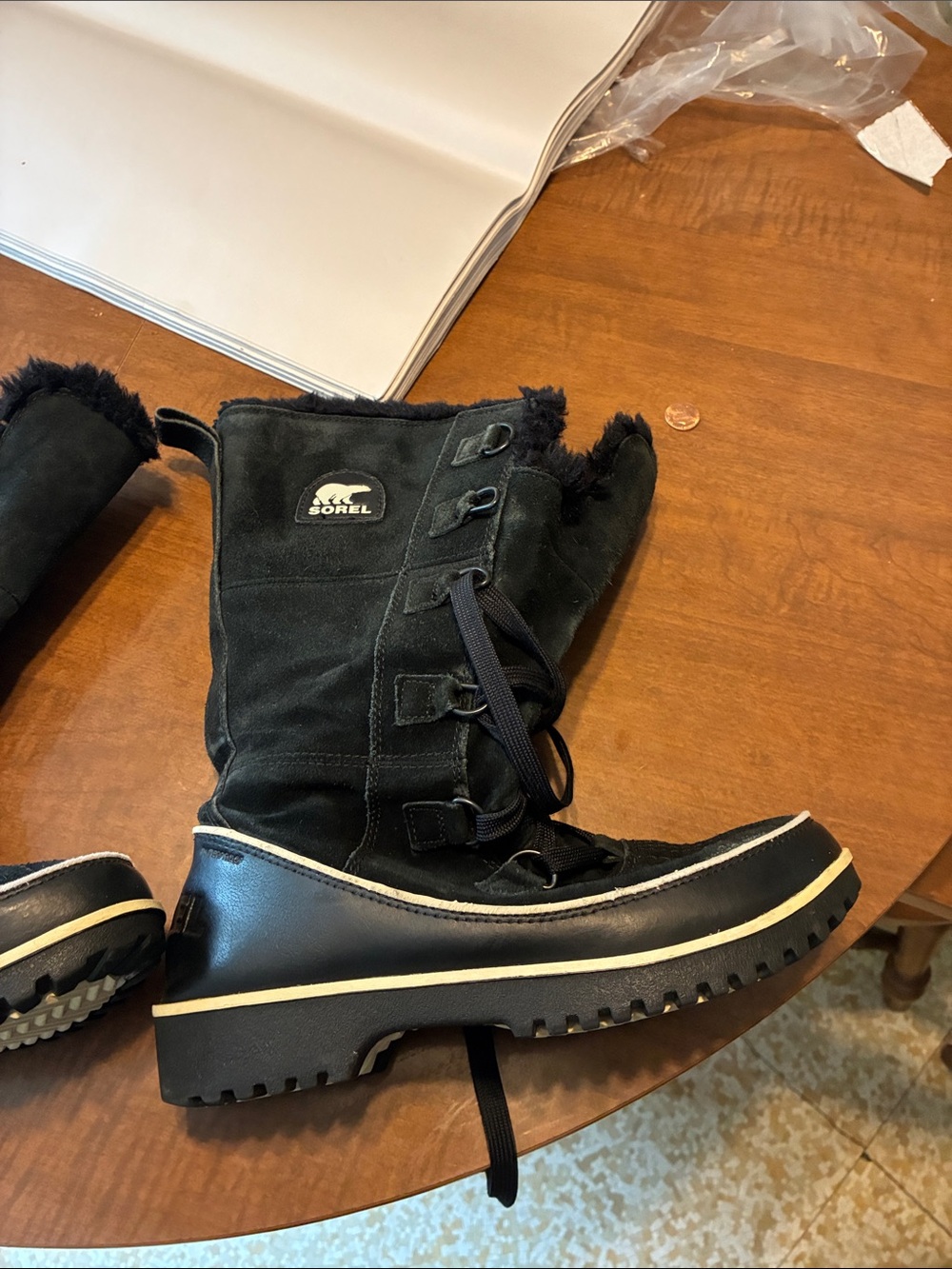 Sorel Black Suede Lace-Up Winter Boot with Faux Fur Trim